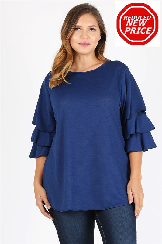 Plus Size Tiered Layered Sleeve Solid Top Navy